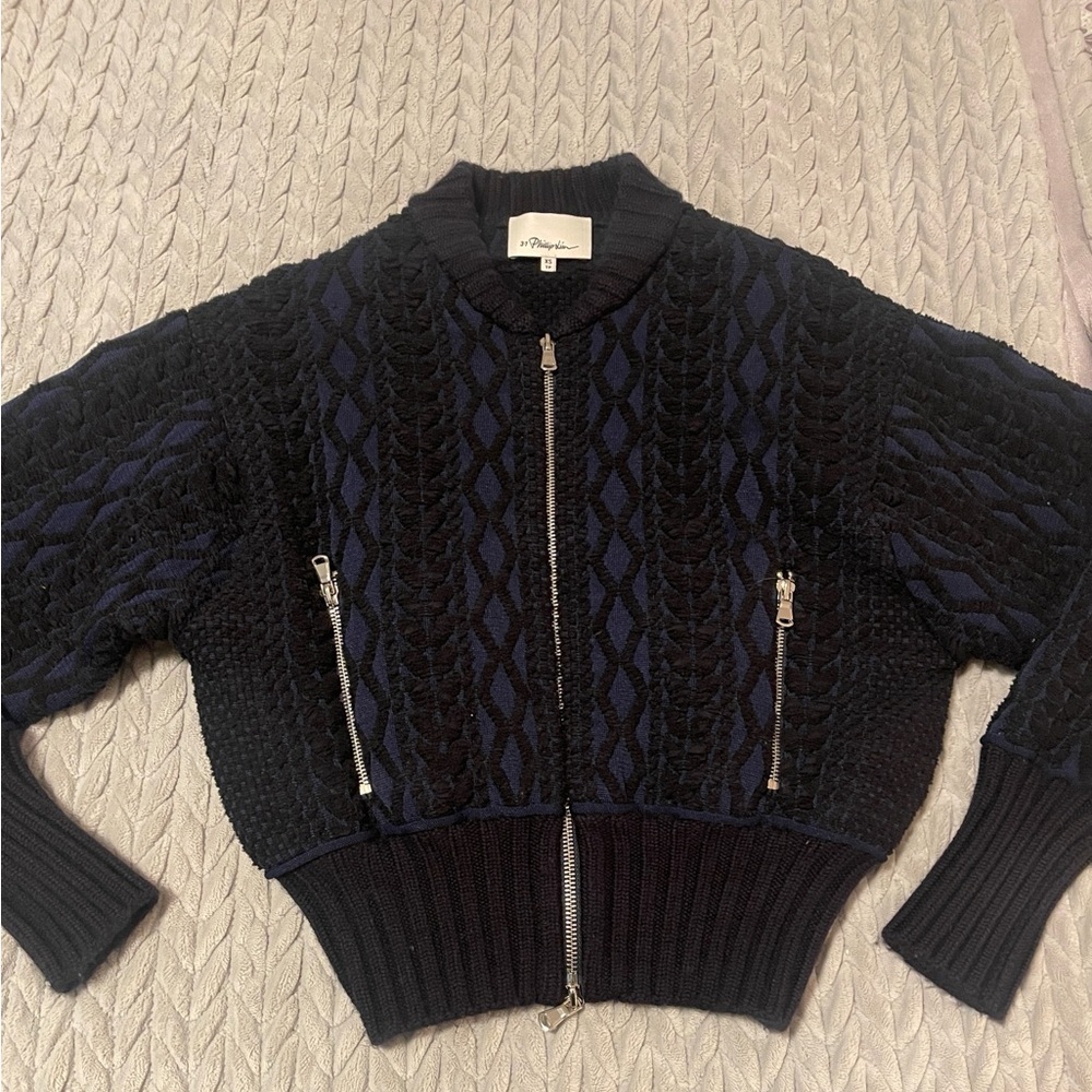 3.1 Phillip Lim Black and Navy Textured Bomber Jacket - Picture 10 of 14